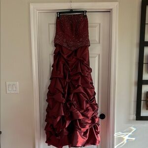Jovani Burgundy Ruffled mother of the bride gown strapless top is beaded